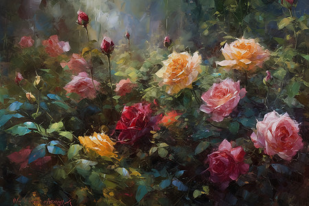 玫瑰花园油画图片