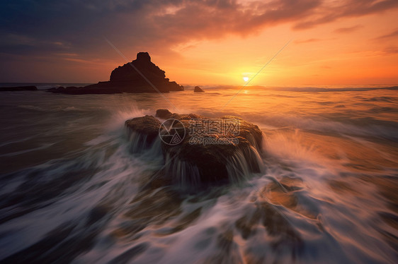 黄昏日落和海岸海水图片