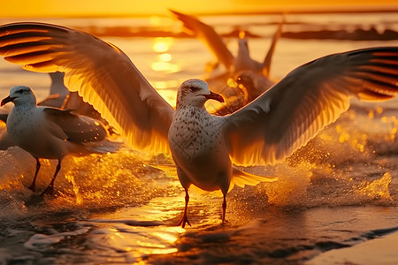 在沙滩上张开翅膀的海鸥图片