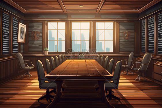 百叶窗和深色木桌的会议室图片