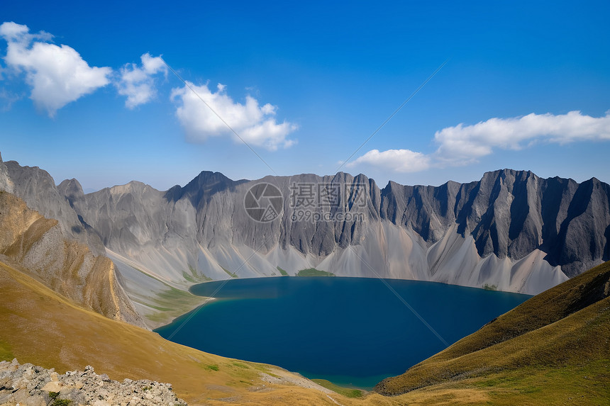 蓝天下的山峰与湖水图片