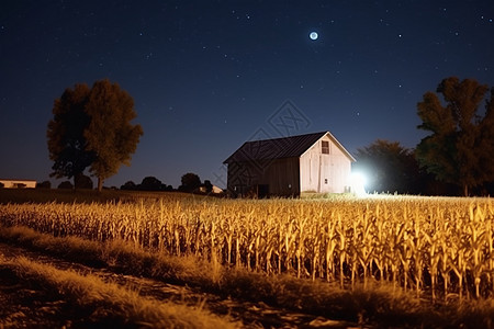 夜间的月亮照亮了玉米田图片