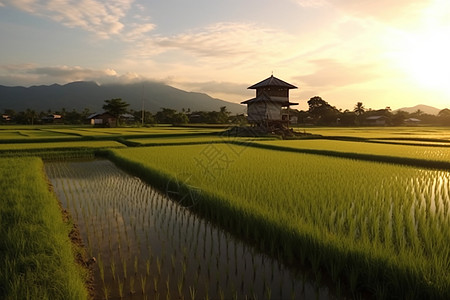 风景秀丽稻田的广角镜头图片