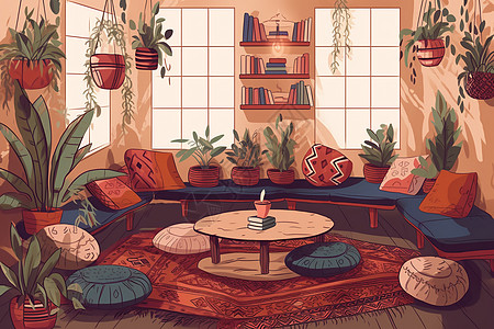一个波西米亚风格的温馨客厅插画图片