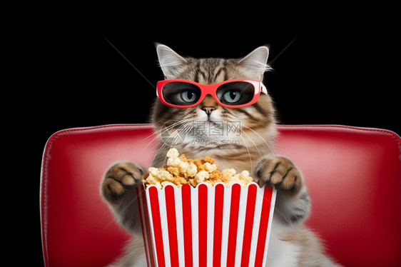 宠物猫带眼镜抱着爆米花图片