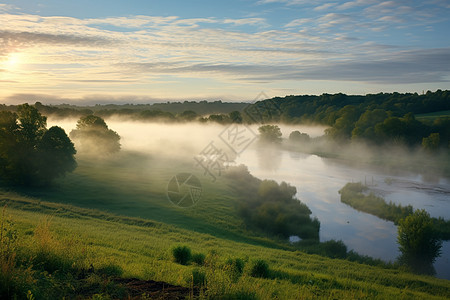 森林边河流薄雾风景图片