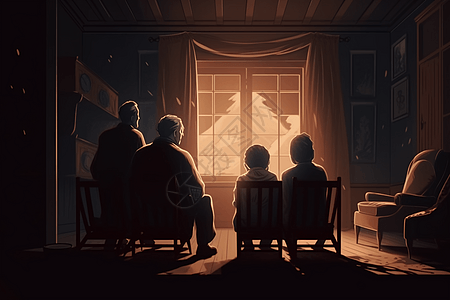 窗户投影一个看电影的家庭插画