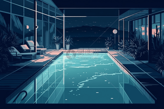 月光下的泳池插图图片