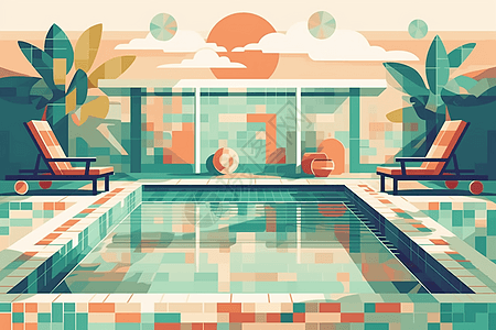瓷砖的泳池休息区图片