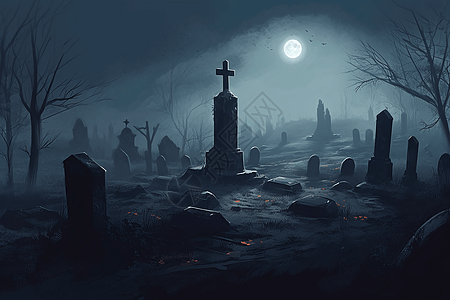 夜间幽灵墓地场景图片