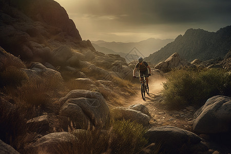 山地自行车手在山间骑行图片