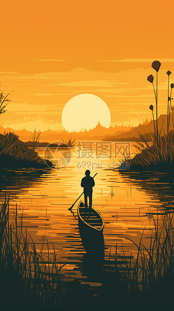 日出时分湖中的渔民图片