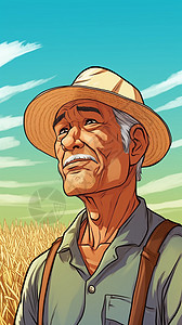 主题: 一位农民站在金色的水稻作物中，凝视着湛蓝的天空，满足感和满足。特写视图。现实和注重细节的风格。卡通，插图，高清图片