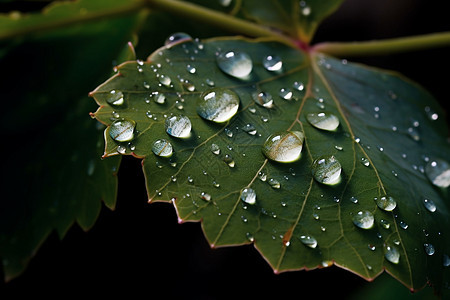 树叶上的雨滴特写图片