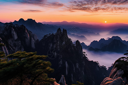 云丘山黄山风景区的日出云海背景