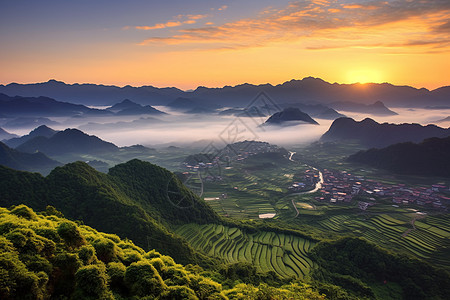 山中梯田的自然景图片