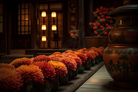 中式摆设美丽的菊花盆栽背景