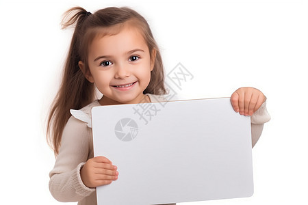 微笑的小女孩拿着白纸图片