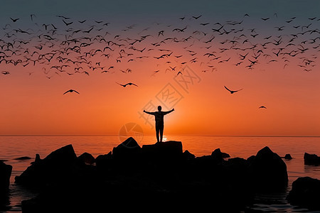 一群海鸥盘旋在日落下的男人图片