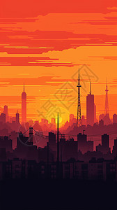 日落时城市天际线的线条艺术风格插图图片