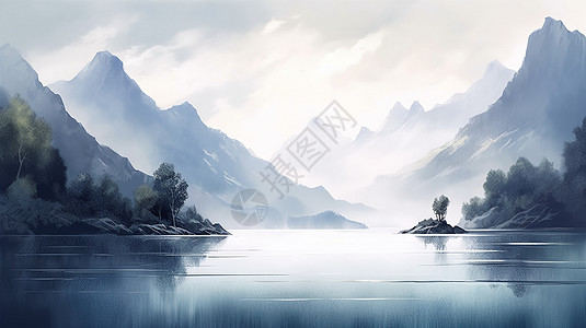 云雾缭绕的山间湖泊插画图片