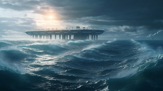 未来派海上潮汐发电厂插图背景图片