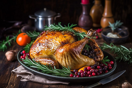 传统圣诞节和感恩节全烤鸡配水果和图片
