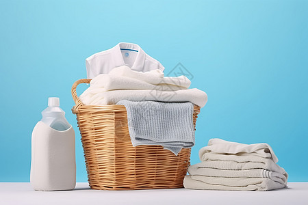 洗衣篮里的毛巾堆和衣服高清图片