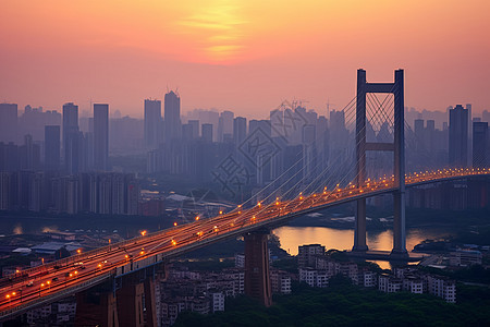 日落时分的城市建筑大桥图片