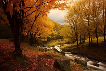 秋天溪边的树林图片