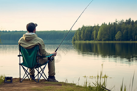 坐在湖边钓鱼的人图片