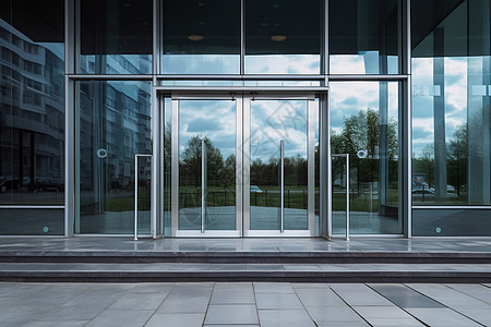 现代建筑入口处的玻璃门图片