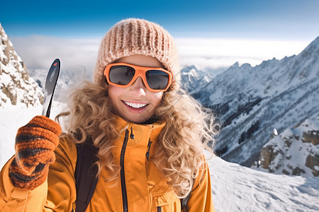 雪山间滑雪的女人图片