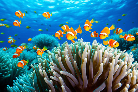 珊瑚上的小丑鱼群图片