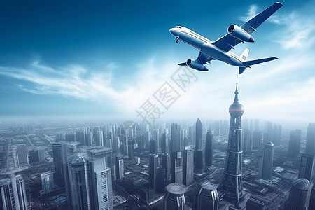 现代城市上方的飞机图片