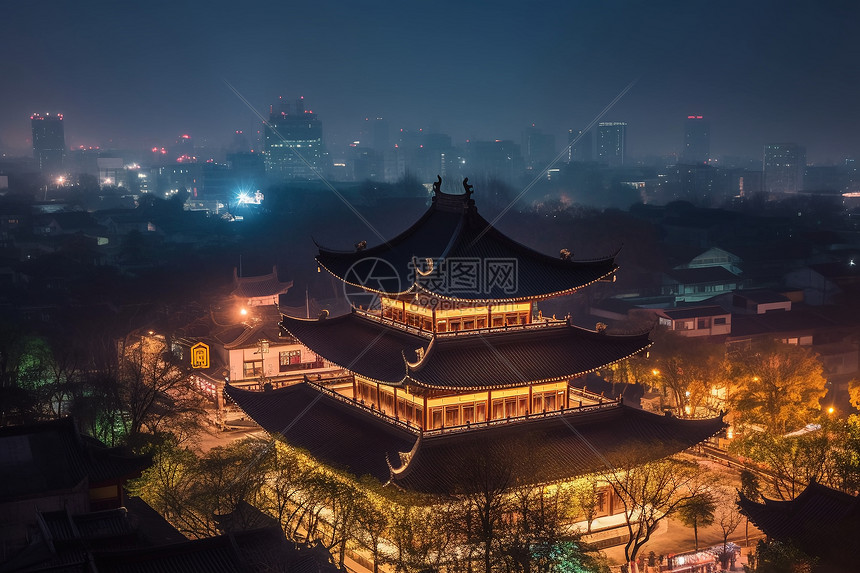 夜晚的塔楼风景线图片