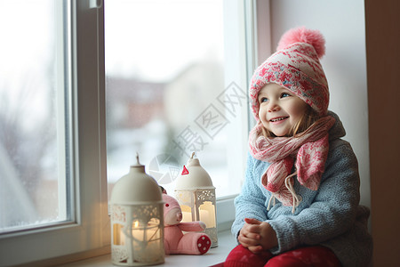 窗台上戴帽子的女孩图片