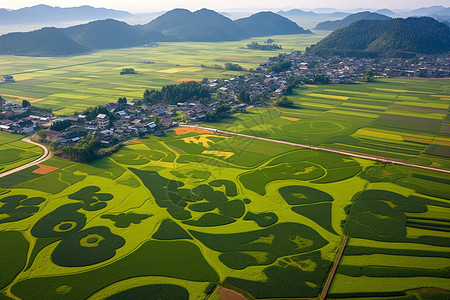 中国风谷雨俯瞰乡村的农田背景