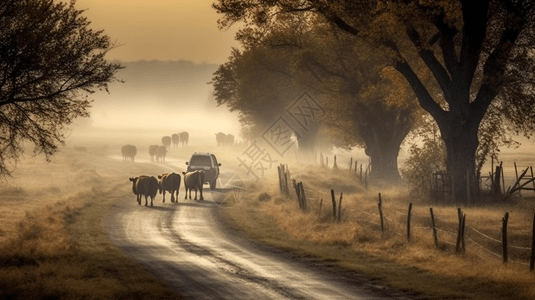 乡村道路上的牛羊群图片