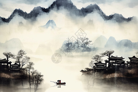 中国风乡村写意山水画图片