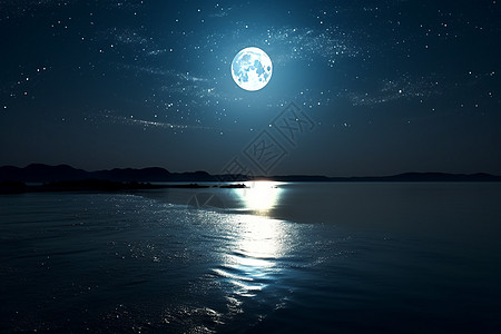 星空月亮月光照耀的湖面背景