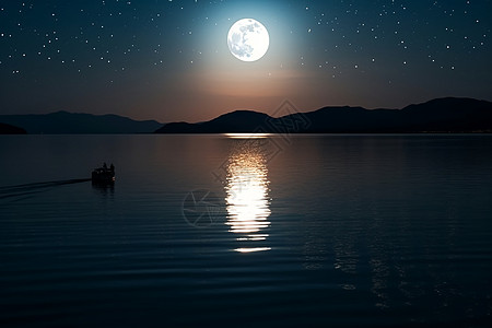 星空月亮美丽月光下的湖面背景
