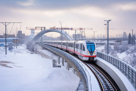 大雪养生市中心运输的地铁轻轨背景