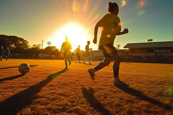 日落时校园的足球比赛图片