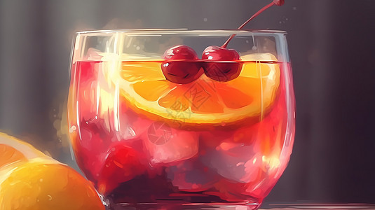 点缀着一片柠檬和樱桃的水果酒插画