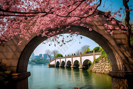 拱门桥上的樱花图片