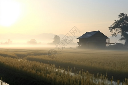 秋天清晨的水稻田图片