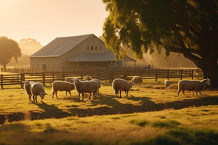 夕阳牧场羊群图片