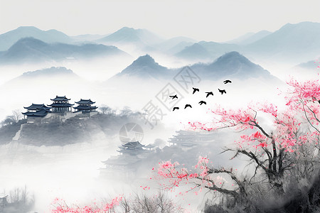 中国风乡村山水画背景图片