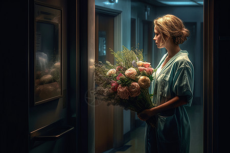护士拿着鲜花在外图片